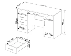 Bureau d'ordinateur AKORD ANA Blanc 124 cm 1 porte 3 tiroirs façade Chêne Sonoma 5 étagères 124x52x74 cm