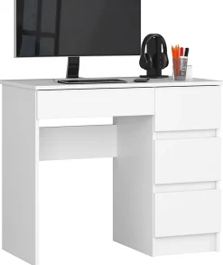 Bureau d'ordinateur AKORD droit A7 Blanc 90 cm 4 tiroirs façade Blanche 90x50x77 cm