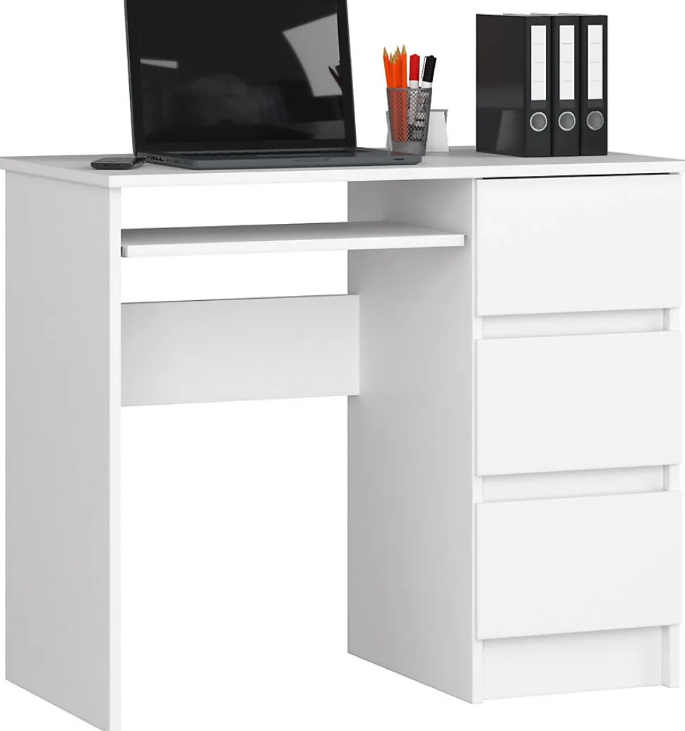 Bureau d'ordinateur AKORD droit A6 Blanc 90 cm 3 tiroirs façade Blanche 1 étagère 90x50x77 cm