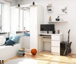 Bureau d'ordinateur AKORD droit A6 Blanc 90 cm 3 tiroirs façade Blanche 1 étagère 90x50x77 cm