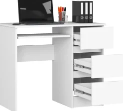 Bureau d'ordinateur AKORD droit A6 Blanc 90 cm 3 tiroirs façade Blanche 1 étagère 90x50x77 cm