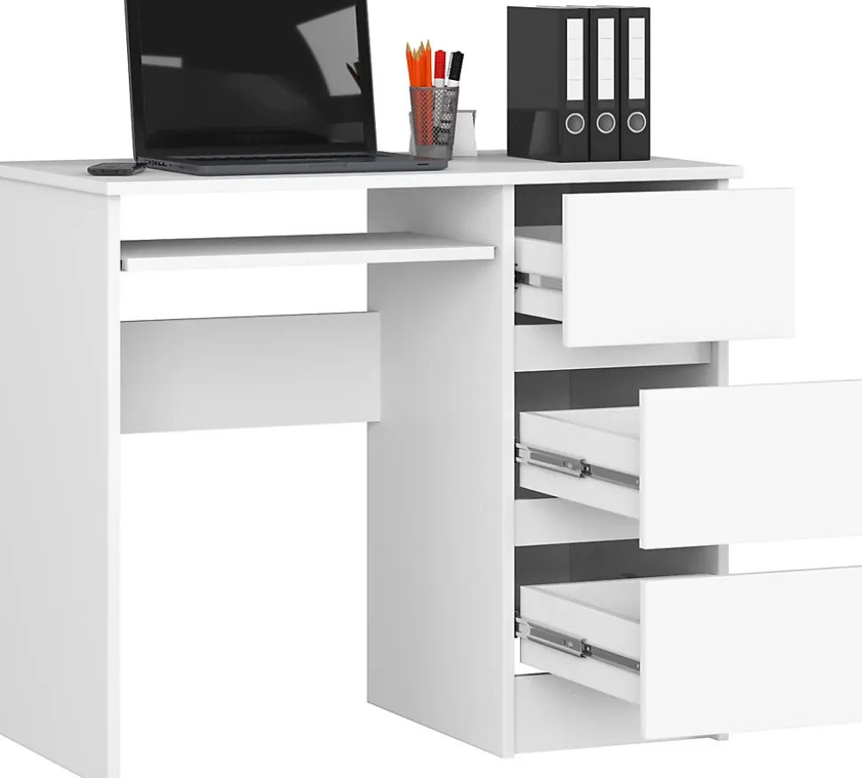 Bureau d'ordinateur AKORD droit A6 Blanc 90 cm 3 tiroirs façade Blanche 1 étagère 90x50x77 cm