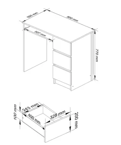 Bureau d'ordinateur AKORD droit A6 Blanc 90 cm 3 tiroirs façade Blanche 1 étagère 90x50x77 cm