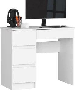 Bureau d'ordinateur AKORD gauche A7 Blanc 90 cm 4 tiroirs façade Blanche 90x50x77 cm