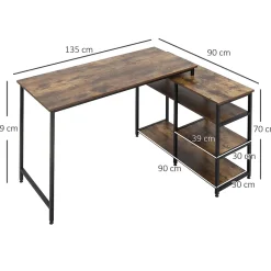 Bureau d'ordinateur d'angle - Bureau PC avec étagère et tiroir, bois et métal, pratique pour maison et bureau, 135x90x79 cm, Noir