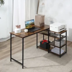 Bureau d'ordinateur d'angle - Bureau PC avec étagère et tiroir, bois et métal, pratique pour maison et bureau, 135x90x79 cm, Noir