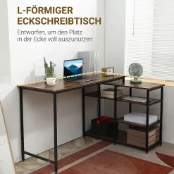 Bureau d'ordinateur d'angle - Bureau PC avec étagère et tiroir, bois et métal, pratique pour maison et bureau, 135x90x79 cm, Noir