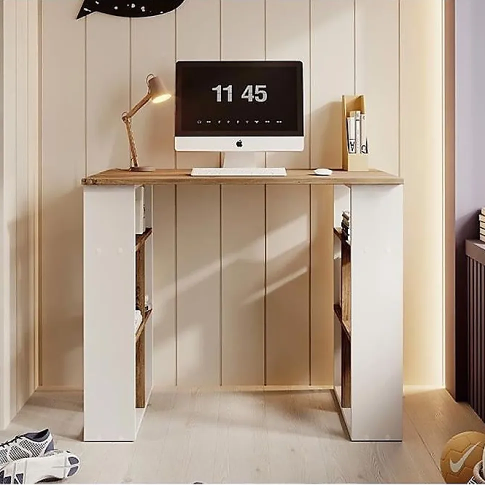 Bureau d'ordinateur scandinave - Mélaminé 18mm - Blanc & pin - 90 x 60 x 74 cm
