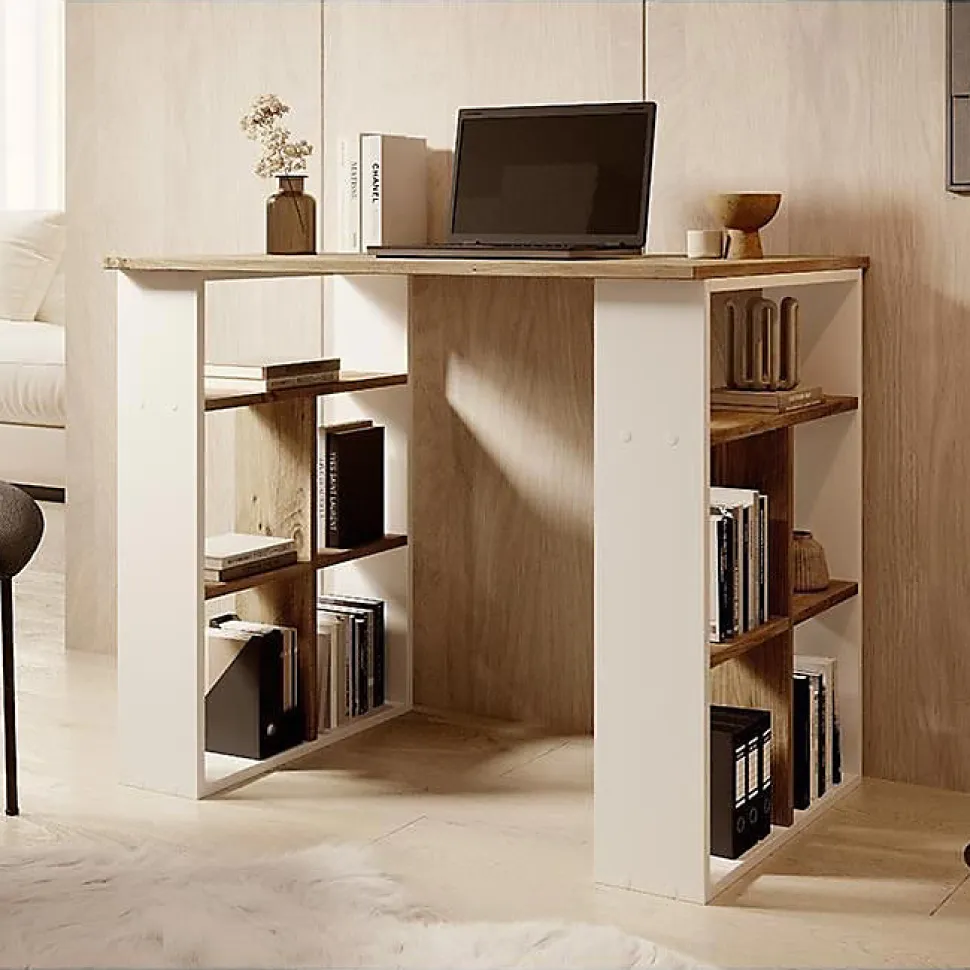 Bureau d'ordinateur scandinave - Mélaminé 18mm - Blanc & pin - 90 x 60 x 74 cm