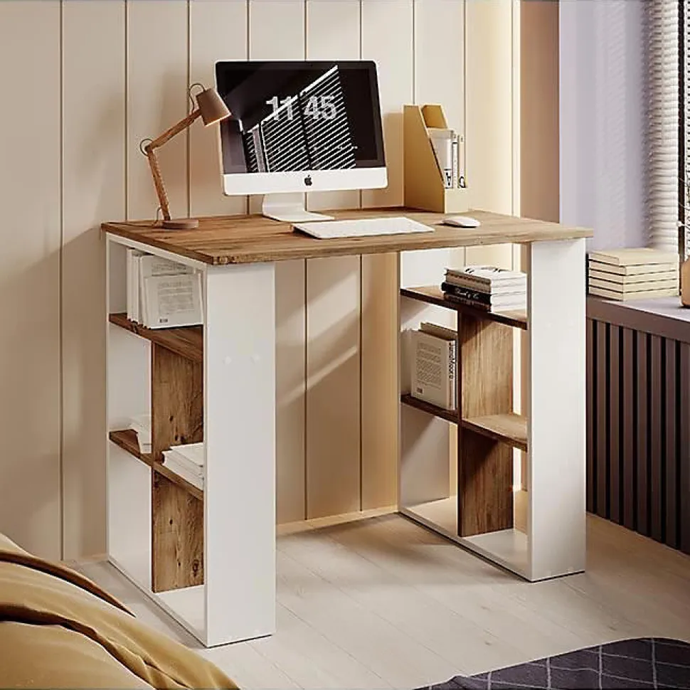 Bureau d'ordinateur scandinave - Mélaminé 18mm - Blanc & pin - 90 x 60 x 74 cm