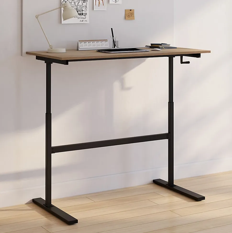 Bureau droit JEANNE assis debout à manivelle hauteur réglable 70 - 120 cm bois façon hêtre et noir