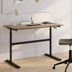 Bureau droit JEANNE assis debout à manivelle hauteur réglable 70 - 120 cm bois façon hêtre et noir