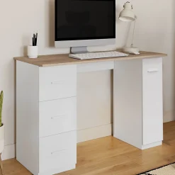 Bureau droit MAE 3 tiroirs et porte placard blanc et bois