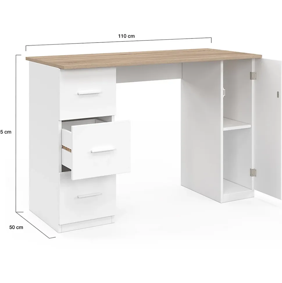 Bureau droit MAE 3 tiroirs et porte placard blanc et bois