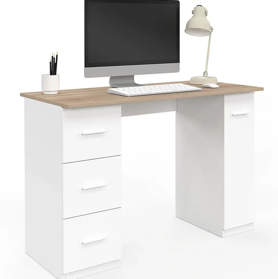 Bureau droit MAE 3 tiroirs et porte placard blanc et bois