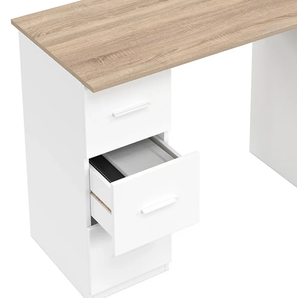 Bureau droit MAE 3 tiroirs et porte placard blanc et bois