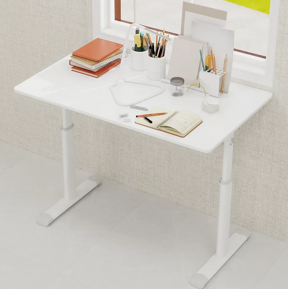 Bureau d'Étude Réglable, Bureau Enfant Adulte Hauteur Ajustable, Métal + Bois, Blanc 100x60x90 cm