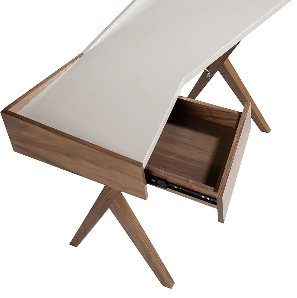 Bureau en Noyer Naturel avec Plateau en MDF Gris et Tiroir de Rangement