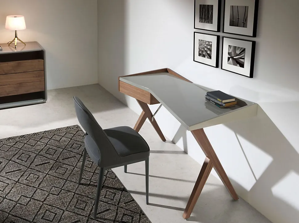 Bureau en Noyer Naturel avec Plateau en MDF Gris et Tiroir de Rangement