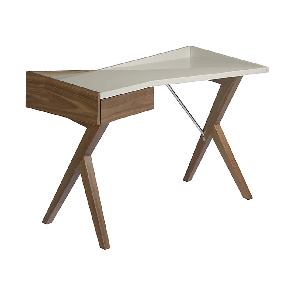 Bureau en Noyer Naturel avec Plateau en MDF Gris et Tiroir de Rangement