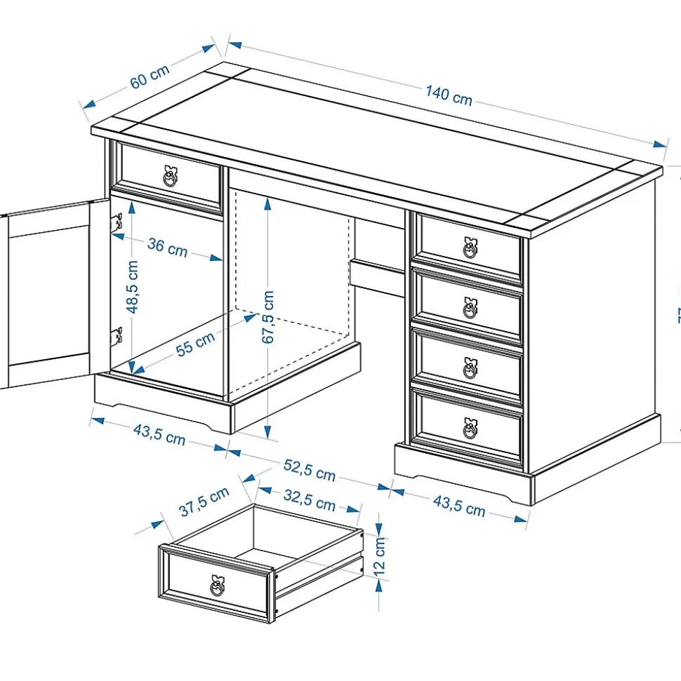 Bureau en pin TEQUILA style mexicain, finition cirée