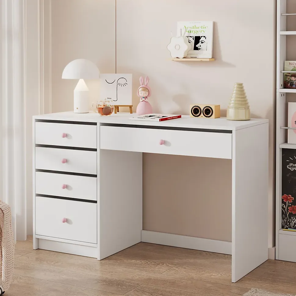 Bureau Enfant - Bureau Ado avec 5 Tiroirs et Rangement, Coiffeuse Bureau MDF, Blanc, 120x45x74 cm
