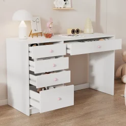 Bureau Enfant - Bureau Ado avec 5 Tiroirs et Rangement, Coiffeuse Bureau MDF, Blanc, 120x45x74 cm