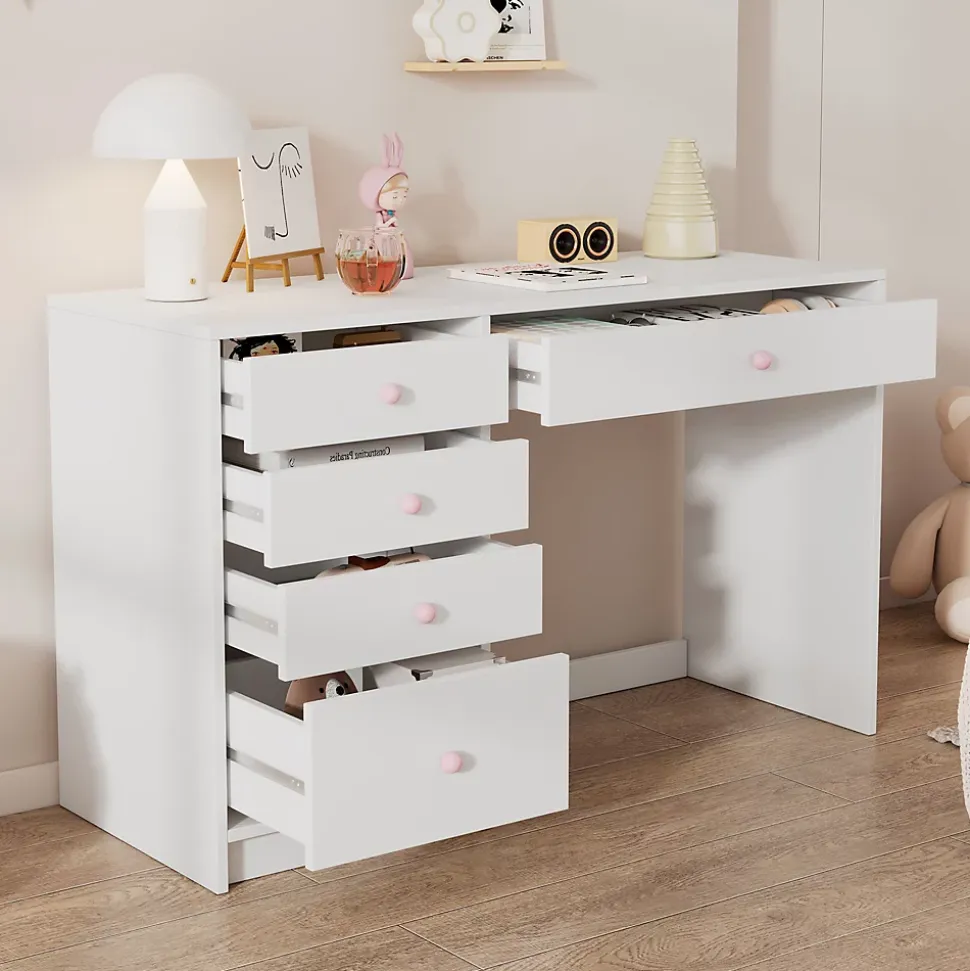 Bureau Enfant - Bureau Ado avec 5 Tiroirs et Rangement, Coiffeuse Bureau MDF, Blanc, 120x45x74 cm
