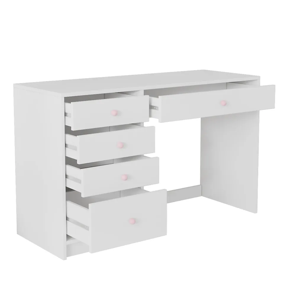Bureau Enfant - Bureau Ado avec 5 Tiroirs et Rangement, Coiffeuse Bureau MDF, Blanc, 120x45x74 cm