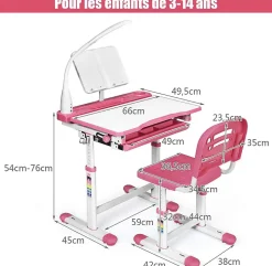 Bureau Enfant avec Chaise Hauteurs Réglables Lampe de Direction Ajustable