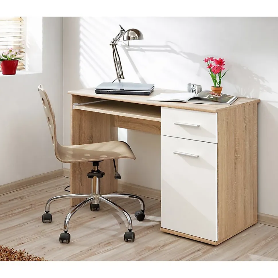 Bureau enfant DENVER Avec tiroir, porte et étagère coulissante Chene et blanc design