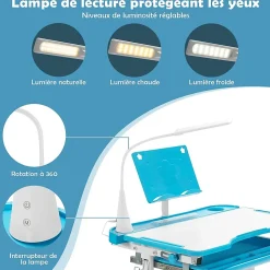 Bureau Enfant Ensemble Table et Chaise pour Enfants avec Lampe Plaque de Table Inclinable Hauteur Angle Réglables Bleu