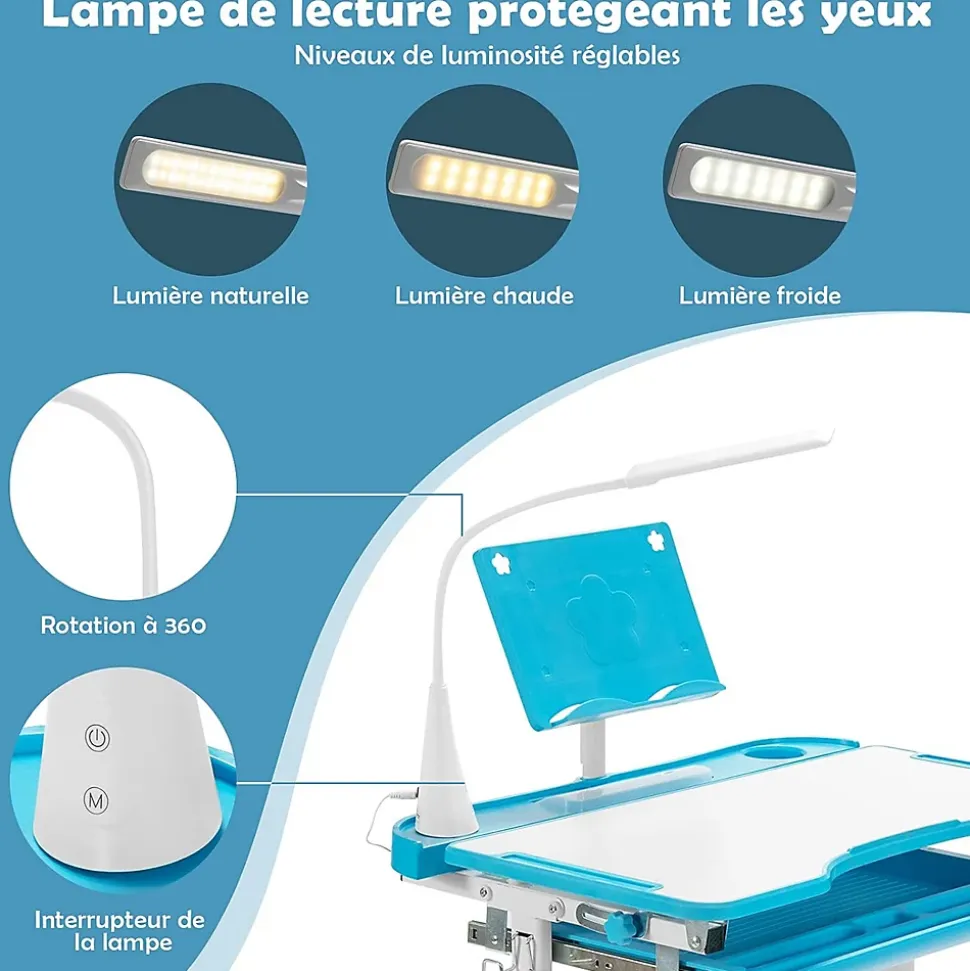 Bureau Enfant Ensemble Table et Chaise pour Enfants avec Lampe Plaque de Table Inclinable Hauteur Angle Réglables Bleu