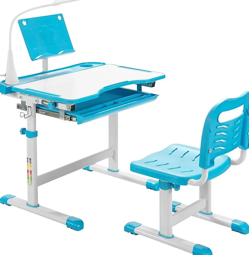 Bureau Enfant Ensemble Table et Chaise pour Enfants avec Lampe Plaque de Table Inclinable Hauteur Angle Réglables Bleu