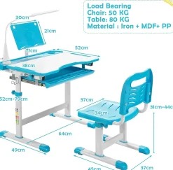 Bureau Enfant Ensemble Table et Chaise pour Enfants avec Lampe Plaque de Table Inclinable Hauteur Angle Réglables Bleu
