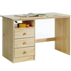 Bureau enfant KEVIN, en pin massif, 3 tiroirs et plateau inclinable, vernis naturel