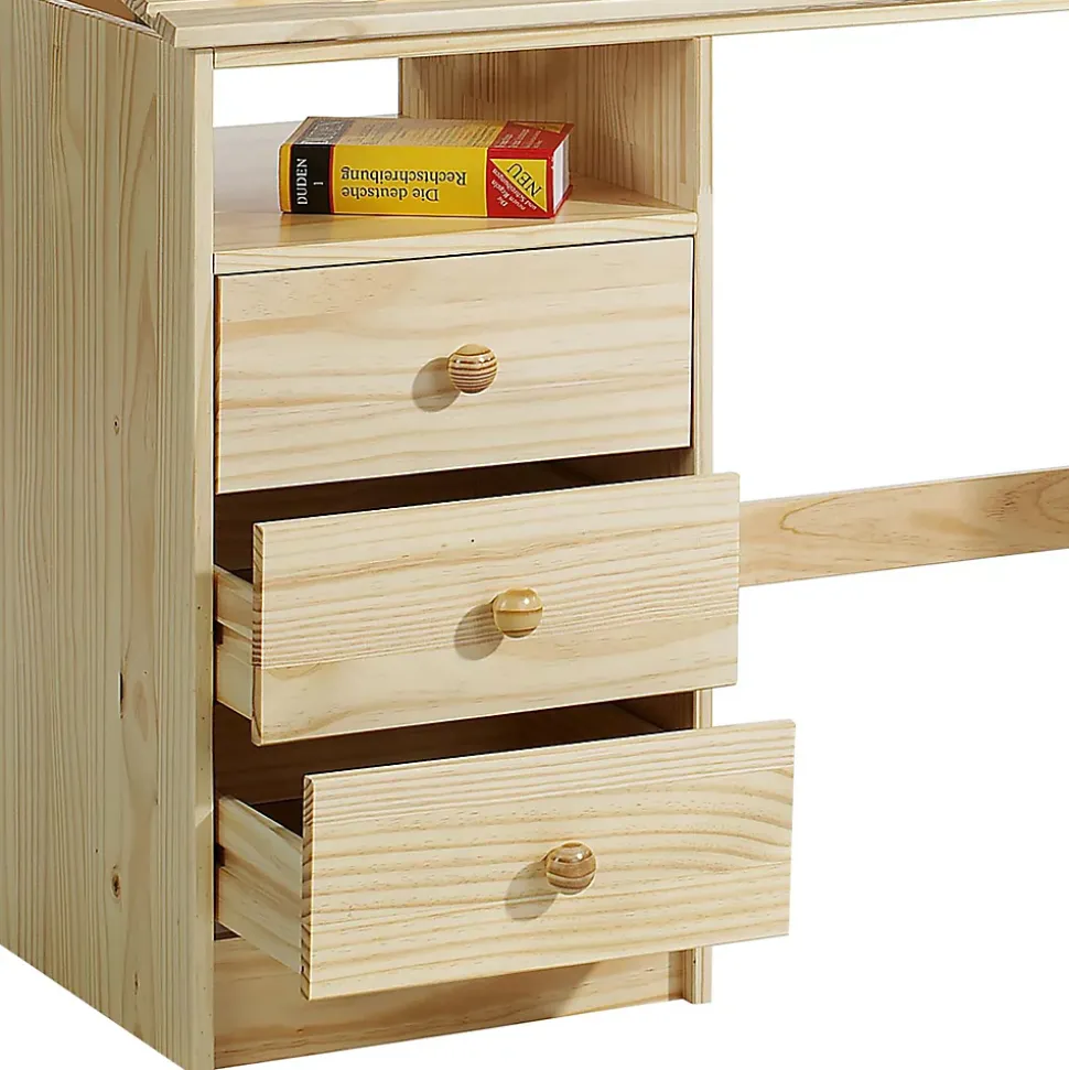 Bureau enfant KEVIN, en pin massif, 3 tiroirs et plateau inclinable, vernis naturel