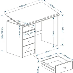 Bureau enfant KEVIN, en pin massif, 3 tiroirs et plateau inclinable, vernis naturel