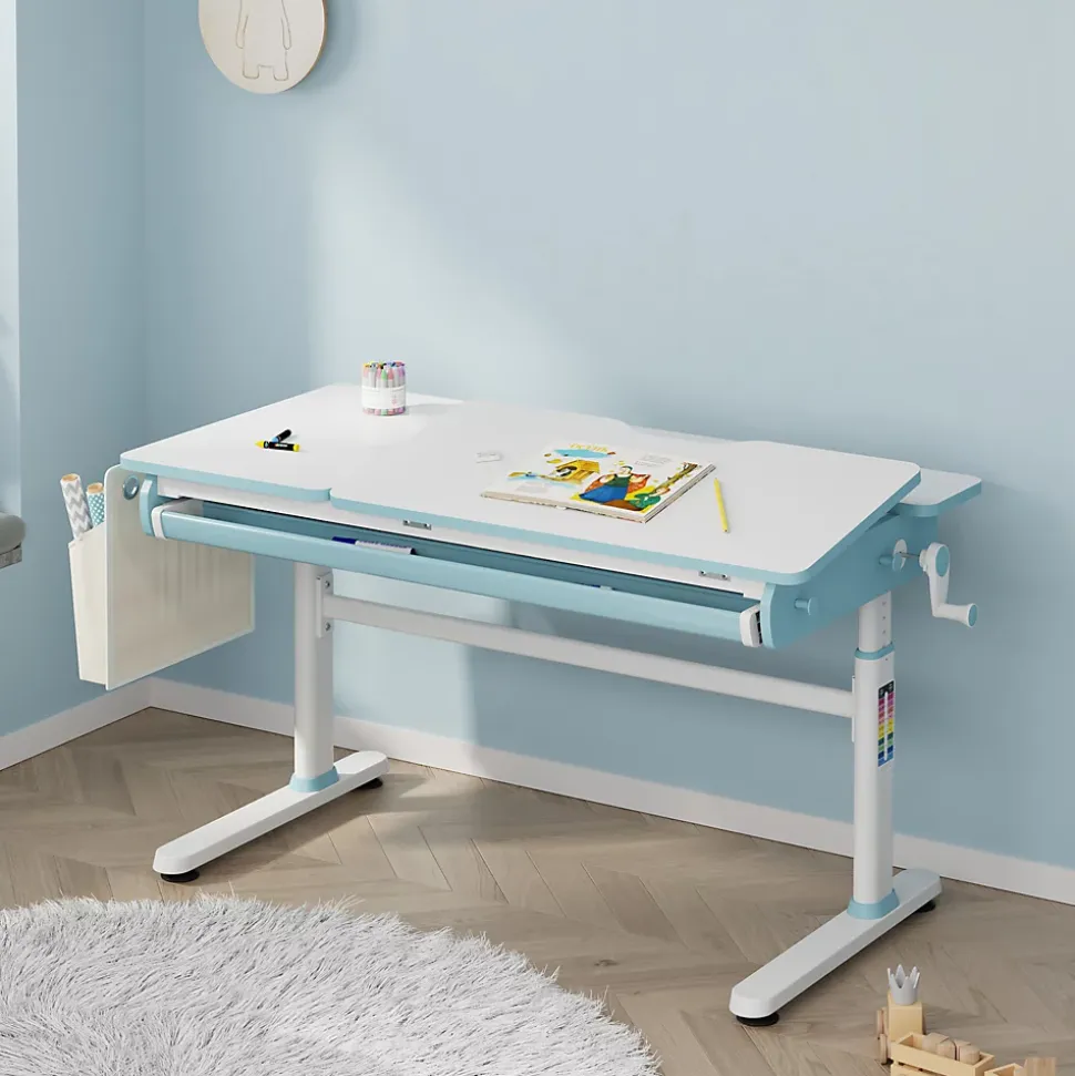 Bureau enfant réglable en hauteur Kuosa 120 x 60 cm bleu blanc en.casa