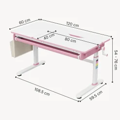 Bureau enfant réglable en hauteur Kuosa 120 x 60 cm rose blanc en.casa