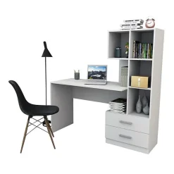 Bureau et Bibliothèque Intégrée 2 Tiroirs 6 Niches Blancs L 108.3 H 130 P 40 cm - L 108.3 x l 40 x H 130 cm
