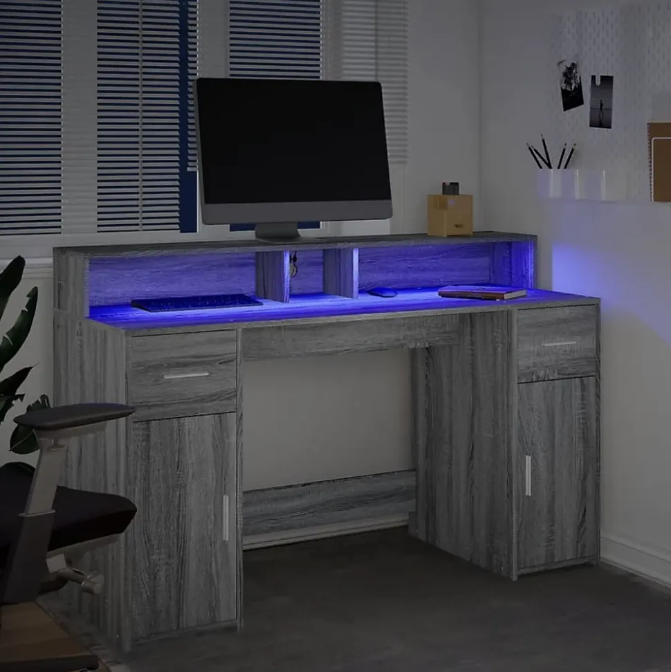 Bureau et lumières LED sonoma gris 140x55x91 cm bois ingénierie vidaXL