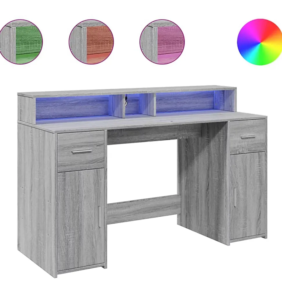 Bureau et lumières LED sonoma gris 140x55x91 cm bois ingénierie vidaXL