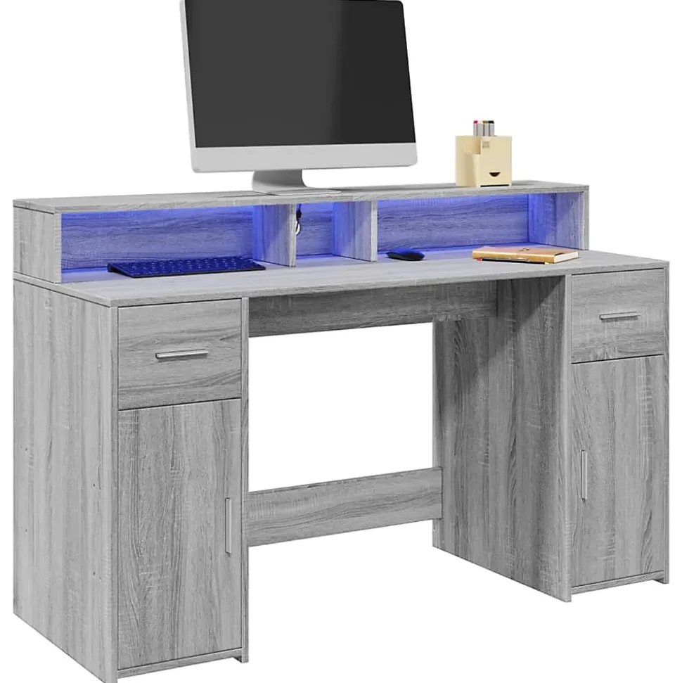 Bureau et lumières LED sonoma gris 140x55x91 cm bois ingénierie vidaXL