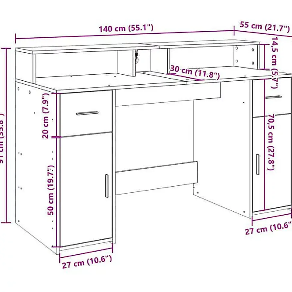 Bureau et lumières LED sonoma gris 140x55x91 cm bois ingénierie vidaXL