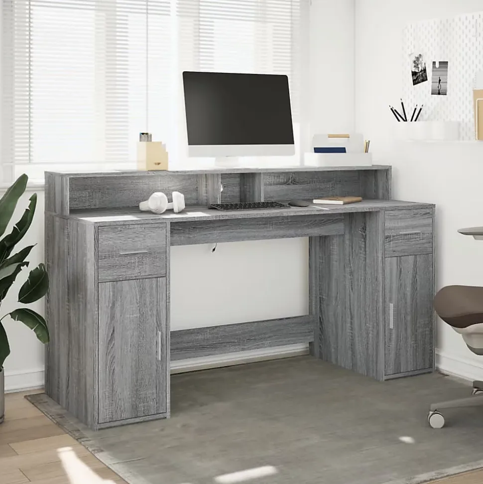 Bureau et lumières LED sonoma gris 160x55x91 cm bois ingénierie vidaXL