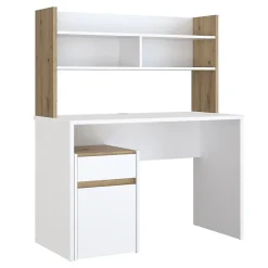 Bureau et surmeuble 110 cm blanc mat et décor bois de chêne - ODYSSÉE