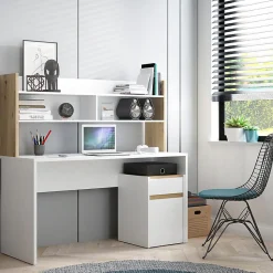 Bureau et surmeuble 110 cm blanc mat et décor bois de chêne - ODYSSÉE