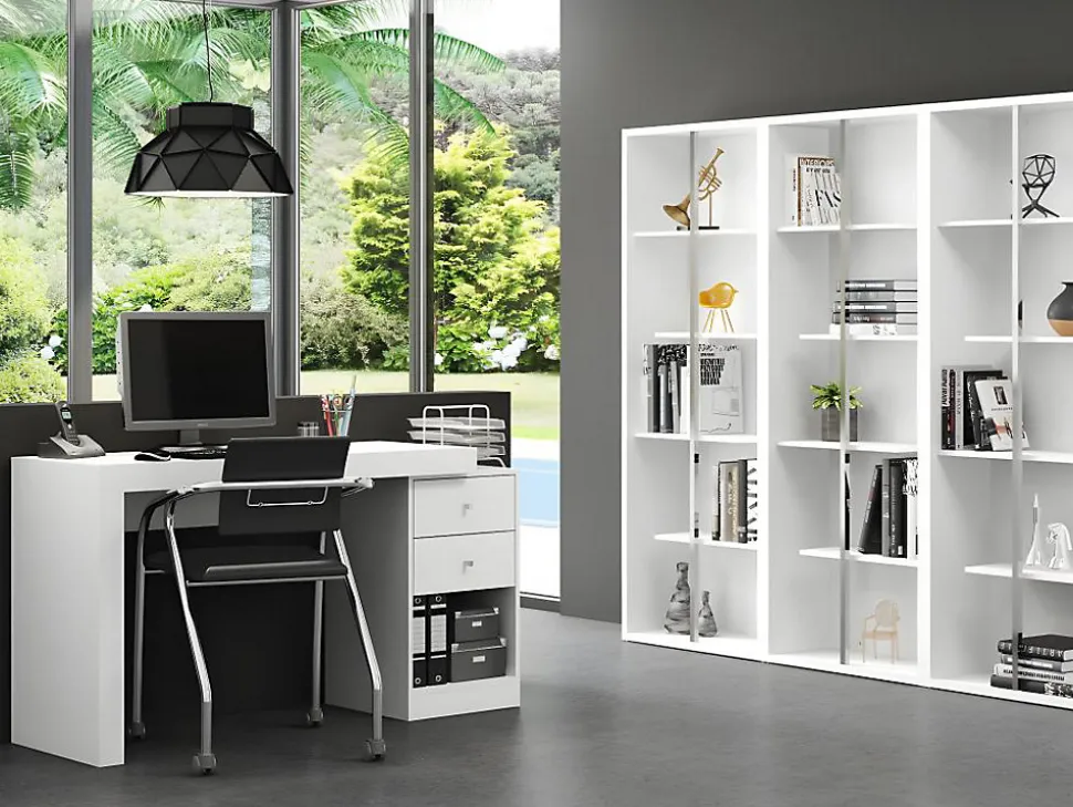 Bureau extensible 2 tiroirs et 1 niche - Coloris : Blanc - EVAN