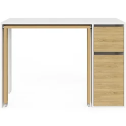 Bureau extensible RON avec colonne de rangement tiroir et placard blanc et bois
